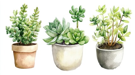 Obraz premium Watercolor illustration of succulents green bouquet and houseplants in a botanical style