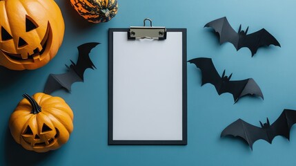 Desktop view featuring paper bats and a Jack O Lantern pumpkin alongside an empty clipboard for Halloween celebrations