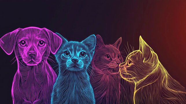 Pet affection and care Illustrative line art of cats and dogs Ideal for pet services clinics or shelters Neon glow on a dark background emphasizing the pet care theme