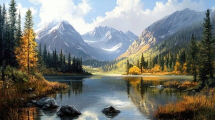 Naklejka premium Oil painting depicting a serene lake surrounded by mountains showcasing the beauty of nature in a tranquil valley setting within a national park