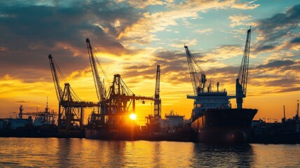 Obraz premium A modern port scene at first light, with cranes and ships silhouetted against a brightening sky, symbolizing the start of a productive day in global trade