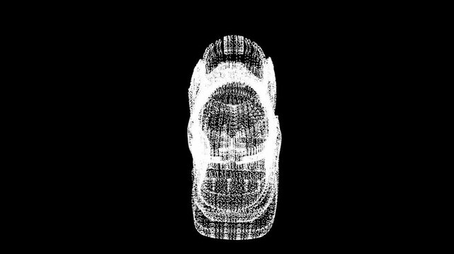 3D animation of a holographic sneaker. Sneaker HUD animation from a point cloud. Futuristic sneaker.