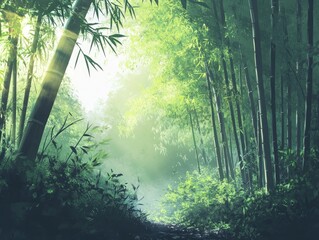 Fototapeta premium Anime style morning view of a serene bamboo forest