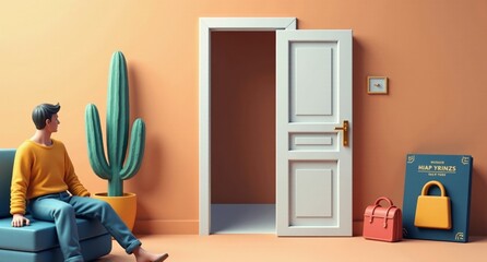Immigration policy in brown and gray with geometric forms, open doors, and passports, symbolizing access and inclusion. Texture overlays and visual hierarchy create a layered 