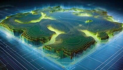 A vibrant, digital landscape features illuminated terrain and waterways, representing advanced technology and data visualization in a 3D format.
