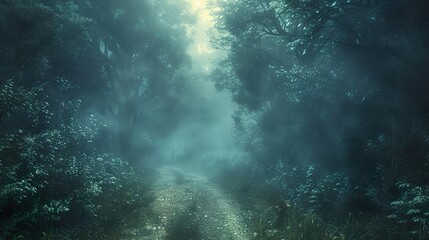 Obraz premium Enchanted Forest Path: A Misty Morning in the Woods
