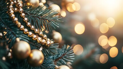 Elegant Golden Beads on a Christmas Tree