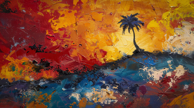 Expressionist art, oil paint and alcohol ink on silk sprayed with Luminol, stylized, abstract, palm tree, at the beach, sunset; hyper detailed, tropical flowers and birds