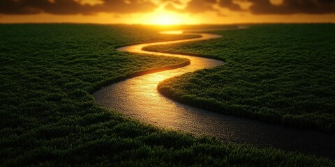 Fototapeta premium A vibrant orange sunset over a winding road and open plains, with light shimmering on the wet pavement amidst surrounding greenery