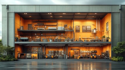 Industrial warehouse with organized workspaces and equipment.