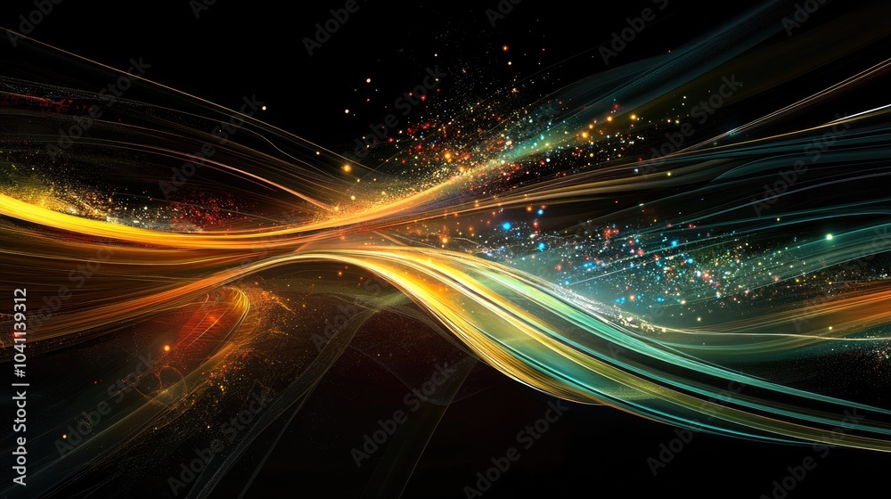 Poster abstract design showcasing particle trails and light elements in a three dimensional space emphasizi