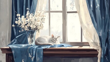 A peaceful and inviting scene of a content cat curled up and napping on a cozy window seat