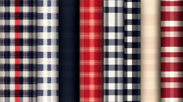 Vector patterns featuring a patriotic combination of red white and blue tartan and buffalo check plaid Ideal for flannel shirt fabric textures and independence themed backgrounds with tile swatche