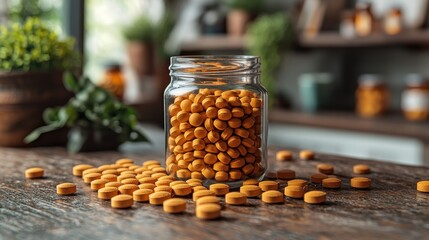A jar filled with yellow tablets sits on a wooden table surrounded by scattered pills in a bright, cozy kitchen setting