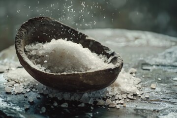 A scoop of salt sits on top of a wooden table, ready for use