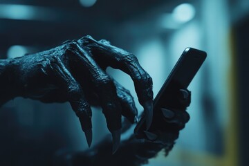 A person's hand holds a cell phone in a dark and gloomy environment