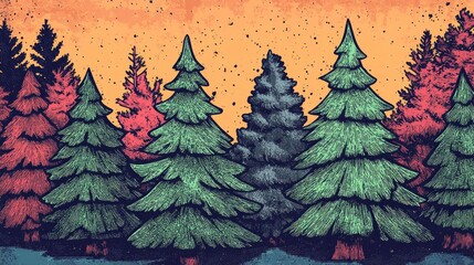 Obraz premium Coloring book illustration of green fir Christmas trees for sale at a festive market