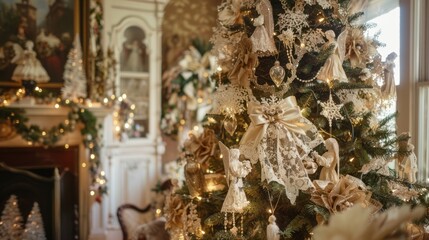 Fototapeta premium Victorian Charm: A Christmas Tree Adorned with Vintage Ornaments