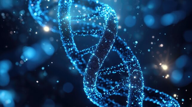 DNA Molecule - Rotating in 3D, Glowing with Blue Particles