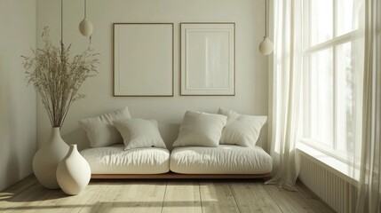 Scandinavian inspired living room design featuring a sofa vases on wooden flooring and framed art on a spacious wall complemented by a bright window with curtains 3D illustration