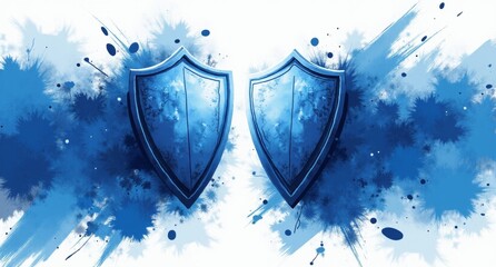 Fototapeta premium Unity in blue and white with dynamic brushstrokes, shields, and locked gates, symbolizing security and collective protection