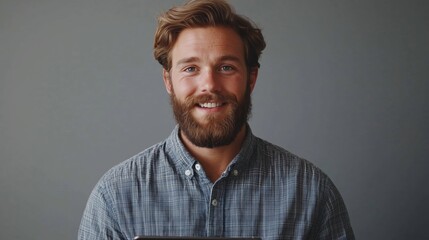 Fototapeta premium Smiling Man with Beard Holding Tablet Device