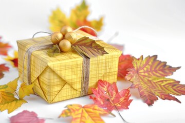 A yellow gift box sits atop a pile of autumn leaves