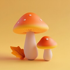 3D Fall Mushrooms Icon: Seasonal Harvest and Nature Illustration Logo