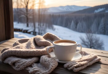 A warm cup of coffee on a wooden surface, surrounded by a cozy knitted blanket, with a snowy winter landscape visible in the background.