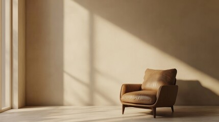 Contemporary minimalist interior featuring a leather armchair against a neutral cream wall 3D rendering