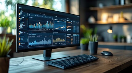Modern workspace featuring a data analytics dashboard on a monitor.
