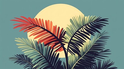 Flat-style tropical leaves, vibrant colors of green, orange, and yellow, large palm leaves, clean and bold lines, abstract jungle scene, smooth gradients, sharp outlines, peaceful and exotic vibe,