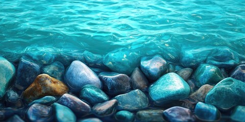 Obraz premium Wet stones on a beach with turquoise waters, Smooth stones on a shoreline with clear blue water