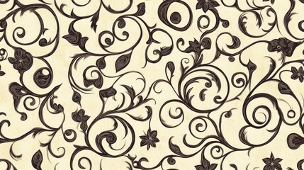 Antique seamless background featuring curved spiral designs and floral vines