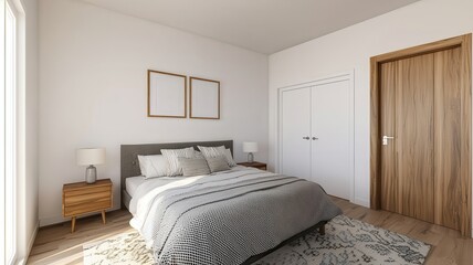 Cozy bedroom featuring a stylish mock-up photo frame on the wall, perfect for personalized decor ideas.