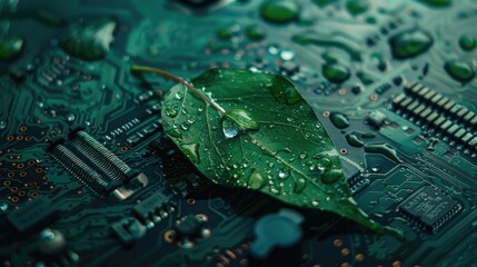 A green leaf lying on top of a computer motherboard, great for depicting technology and nature