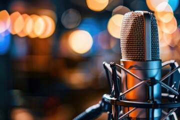 A close-up shot of a microphone surrounded by colorful stage lights, ready for a performance