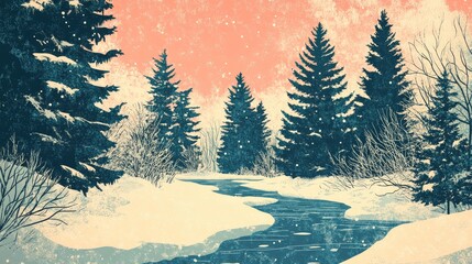 Charming winter scene with a winding stream framed by snowy banks and evergreen trees showcasing icy patches and a tranquil forest atmosphere