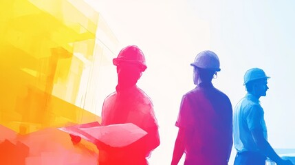 Construction workers in safety gear evaluating a building project 