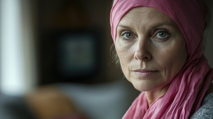 A older woman with cancer, wearing a pink scarf, looks directly into the camera Breast Cancer support