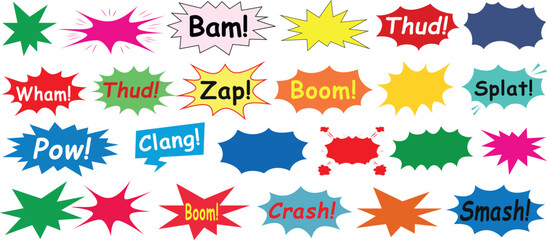 Comic speech bubble vector, comic book sound effects, colorful pop art design with Bam, Thud, Zap, Boom and more in explosion shapes, perfect comic boom for action theme graphics, retro design © Arafat