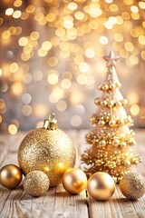 Christmas background with festive gold decoration on glamour light backdrop with golden sparkling glitter bokeh. Merry Christmas Happy New Year greeting card, seasonal winter holiday luxury collection