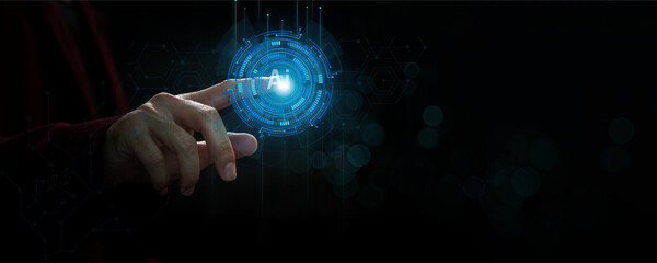 Business intelligence meets AI as a robotic hand displays tech icons, financial infographics, and...