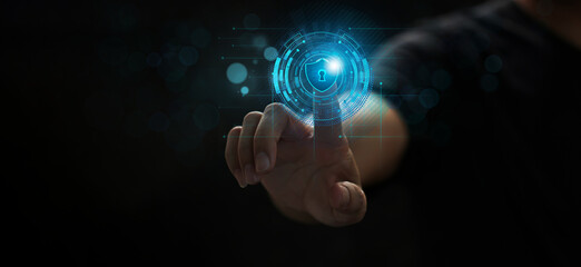 A businessman engages with the digital data network security, embodying the key concepts of communication and technology, including elements of digital connectivity, the Internet of Things, big data, 