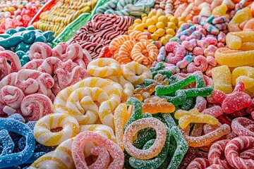 A vibrant array of delectable candies in diverse shapes and flavors promises a delightful treat for sweet enthusiasts.