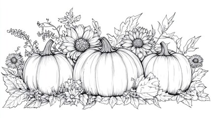 Line Art Illustration of Pumpkins with Wildflowers Hand Drawn Pumpkin Arrangement Coloring Page Featuring Pumpkins Thanksgiving Themed Pumpkin Collection