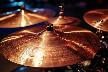 Obraz premium A gleaming cymbal awaits its moment under the spotlight, ready to unleash vibrant sounds in the performance ahead.