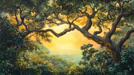 Fototapeta premium Oil painting depicting a lush landscape featuring a mystical forest sunlight filtering through large trees leafy branches and a vibrant sky showcasing a serene natural environment