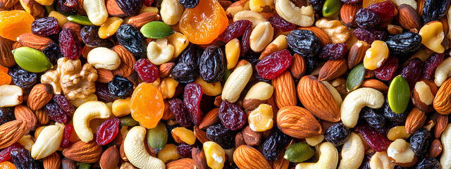 Close up of a variety of nuts and dried fruit