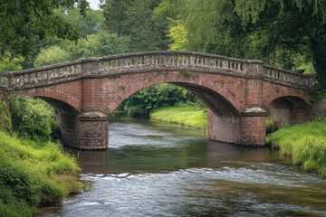 Fototapeta premium Old brick bridge over a flowing river, surrounded by lush greenery, capturing a timeless and picturesque scene, ideal for travel and nature visuals, emphasizing history and tranquility 